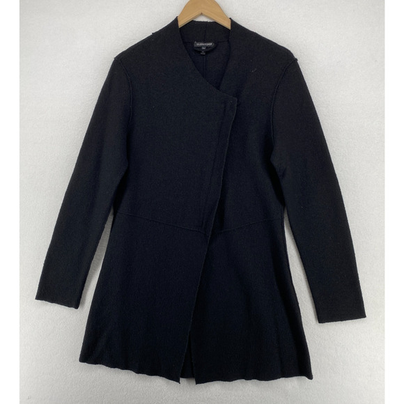 EILEEN FISHER Jacket XS Boiled Merino Wool Mid Length Coat Asymmetric Zip Black - Picture 1 of 12